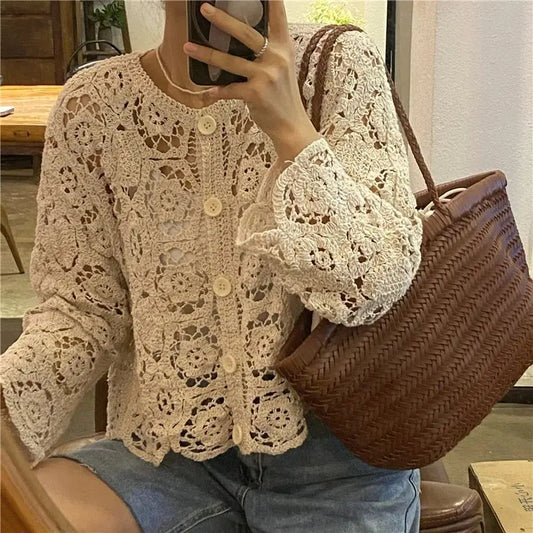 Cropped Hollow Knit Cardigan